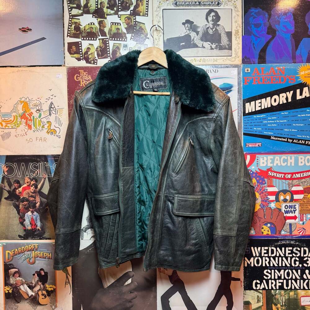Colebrook & Co. Vintage Leather Bomber Jacket with Faux Fur Collar Green Size M